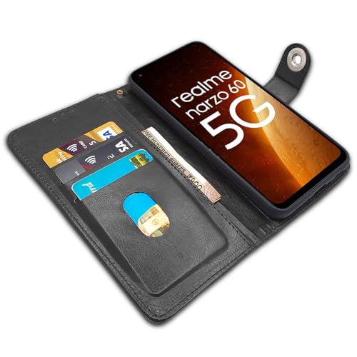Image of Pikkme Realme Narzo 60 5G Flip Cover Leather Finish | Inside TPU with Card Pockets | Wallet Stand and Shock Proof | Complete Protection Button Flip Case (Black)