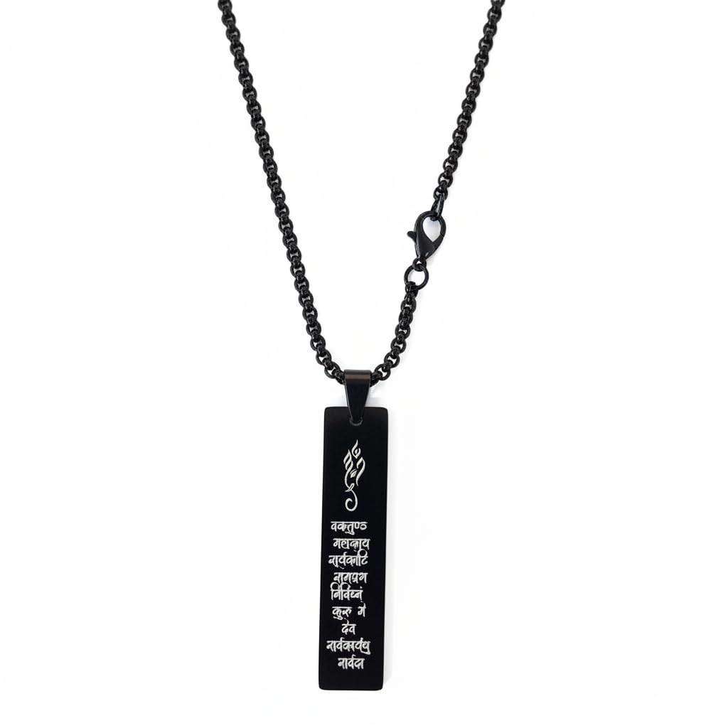 Black Engraved Face Pendant Necklace for Men & Women | Rectangular Spiritual Design | Stainless Steel Chain-image-48