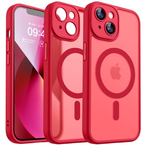 Image of CANSHN Magnetic for iPhone 13 Case, Upgraded [Full Camera Protection] [Compatible with Magsafe] [Translucent Matte] Shockproof Protective Phone Case for iPhone 13 6.1 inch - Red