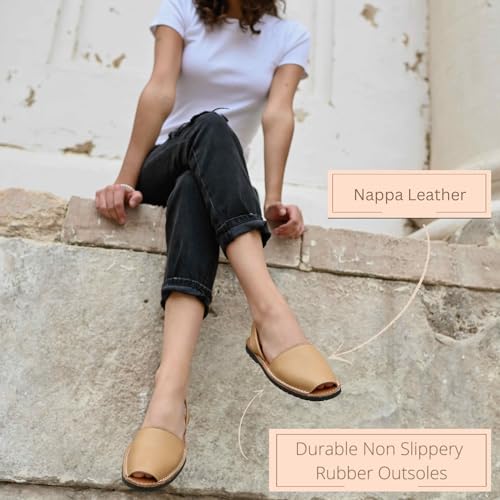 Image of The Spanish Sandal co Classic Flat Sandals for Women, Dressy Soft Leather Peep Toe Sandals for Women, Versatile Casual Slip-on Flats