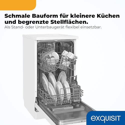 Exquisit Geschirrspüler | 9 Maßgedecke, Energieeffizienzklasse E, 49 dB(A) | schmal, kompakt, 7 Programme, Eco, Intensiv, Kurz, Extra-Trocknung, Startzeitverzögerung | GSP9309-030E weiss