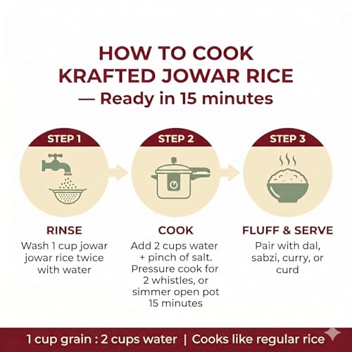 Image of Krafted Millets Steamed Jowar Rice (Sorghum) - 3x Fiber, 2x Protein vs Rice | Gluten-Free, Low GI, Diabetic & PCOS Friendly | Iron-Millet | Cooks Like in 15 Min | Jowari / Jonna / Jola / Cholam (Pack of 8 x 380g)