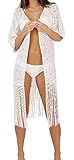  Algodón Blanco Largo 3/4 Playa Manga Kimono Encubrir con Flecos de Ganchillo de Las señoras detallan Medio 12 a 14