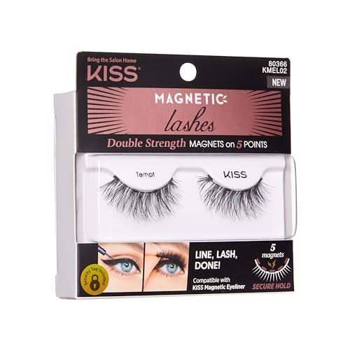 KISS Magnetic Lashes, Tempt, 1 Pair Synthetic False Eyelashes With 5 Double Strength Magnets, Wind Resistant, Dermatologist Tested Fake Lashes Last Up To 16 Hours, Reusable Up To 15 Times Black