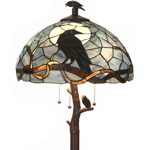 Bieye L12023 Tiffany Style Stained Glass Raven Floor Lamp Gothic Crow and Full Moon Design for Home Dcor 16Wx62H