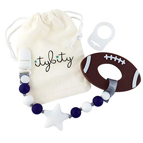 Football Baby Teething Toy with Pacifier Clip Boy or Girl Teether (Navy, White)