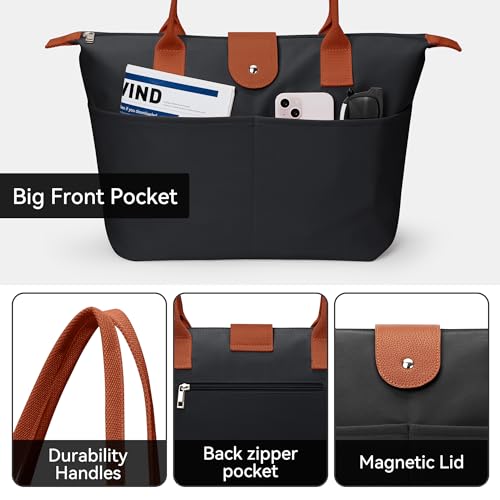 Image of Tote Bag for Women, Casual Hobo Foldable Shoulder Zipper Handbag | Water Repellent Nylon with Leather Handles Fit 15 inch Laptop for Work Weekender Travel Commute