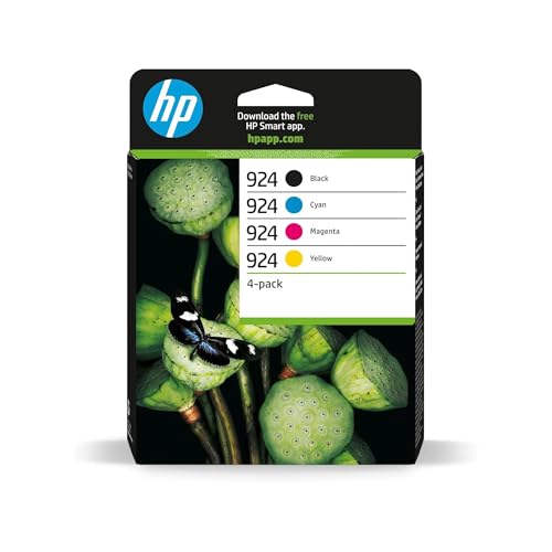 HP 924 6C3Z1NE, Pack de 4, Cartuchos de Tinta Originales Negro, Cian, Magenta y Amarillo, Compatible con impresoras HP OfficeJet Pro de la serie 8120 e impresora HP OfficeJet Pro de la serie 8130