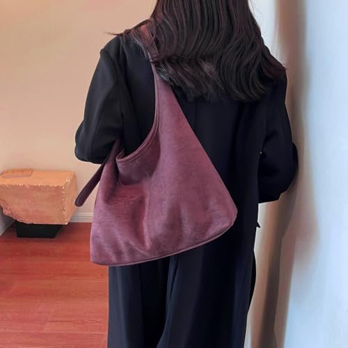 Image of Lushandy Brown Suede Purse Faux Suede Tote Bag Leather Hobo Bags for Women Slouchy Hobo Bag Fall Purse Shoulder Bag