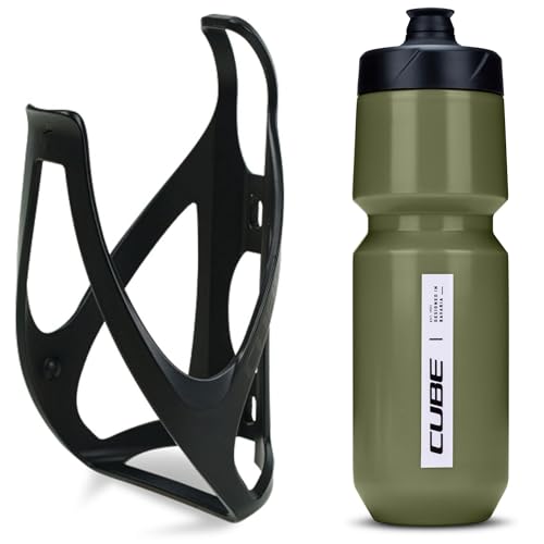 Cube HPP Cage - Stealth Black & Flow Bottle - Olive, 750ml / Water Drink Flask Vessel Bidon Holder Mount Bracket Kit Lightweight Plastic Drinking Hydration Biking Bike Riding Frame Accessories