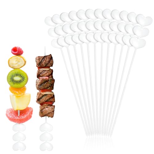Potchen 50 Pack 12 Plastic Heart Skewers Reusable Cooking Sticks for Fruit Kabobs BBQ Cocktail Chocolate Fountain Grilling Valentines Day Birthday Wedding Party (White)