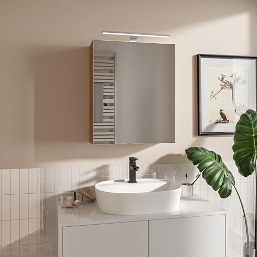 HAJDUK FURNITURE Spiegelschrank Bad mit LED Beleuchtung 50x60 cm Eiche Sonoma Badschrank mit Spiegel Ablage und Griffloser Öffnung Aufsatzleuchte