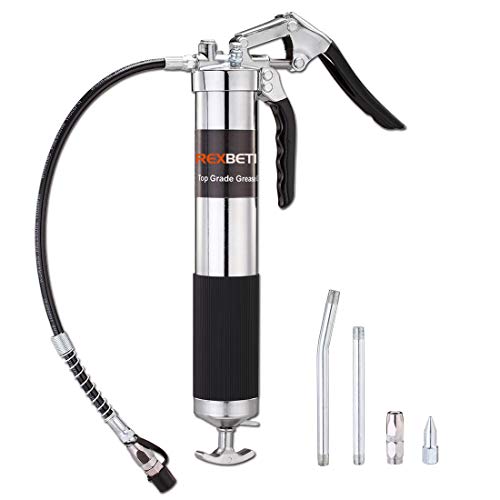 REXBETI Grease Gun, Heavy Duty Pistol Grip Grease Gun Set with 18 Inch Flex Hose, Extended Steel Barrel, 2 Reinforced Coupler Included