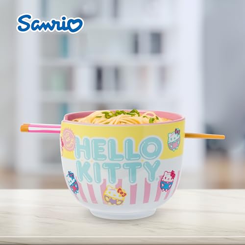 Image of Silver Buffalo Sanrio Hello Kitty Pastel Colored Ceramic Ramen Noodle Rice Bowl with Chopsticks, Microwave Safe, 20 Ounces