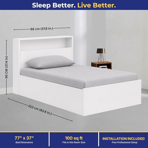 Image of DELITE KOM Single Bed with Box Storage & Headboard Shelf Storage, Urban Engineered Wood Bed, Wooden Bed Frame, 83x37 Inches, Frosty White, 1 Year Warranty, Installation Included