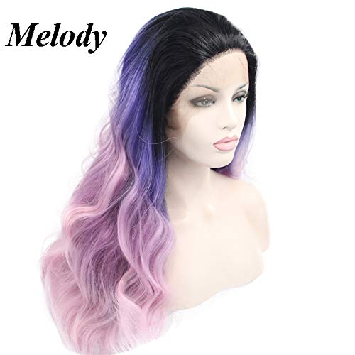 Synthetic Lace Front Wigs Purple To Pink 2T Natural Wave With Dark Roots Free Part 180% Density Half Hand Tied Heat Resistant Fiber Hair for Women 24''