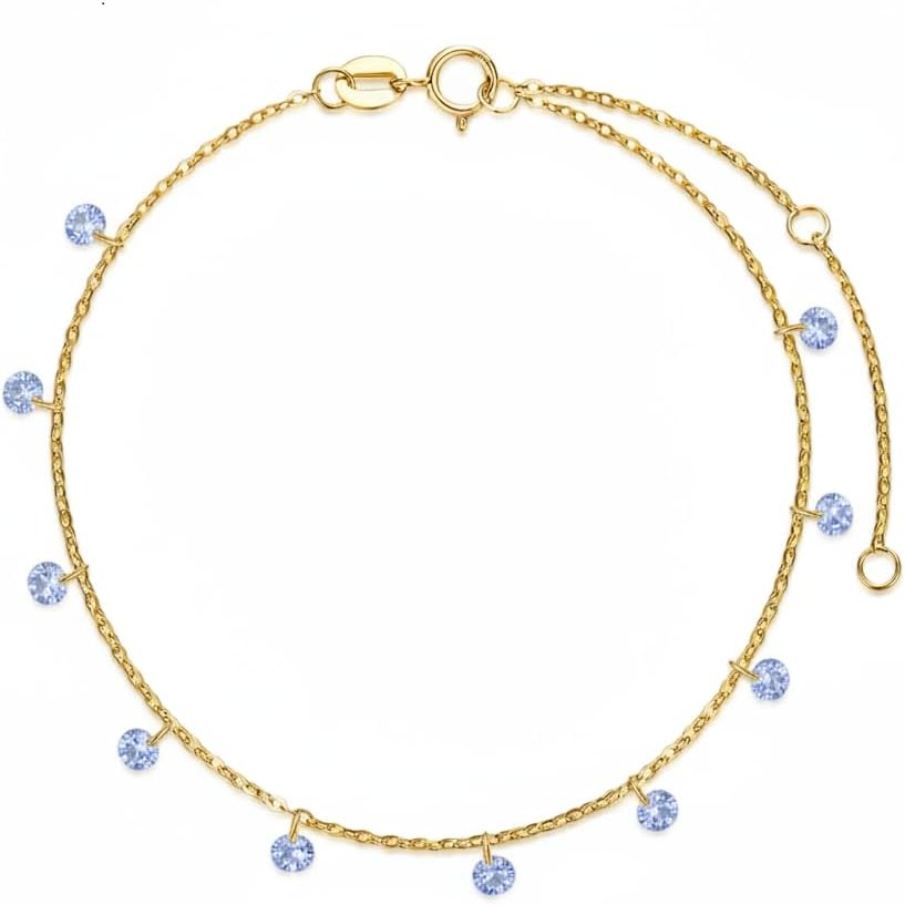 14K Gold Birthstone Station Bracelet for Women,Yellow Gold Simple Created Gemstone Bracelets Anniversary Christmas Mother’s Day Jewelry Gift for Mom Wife Her
