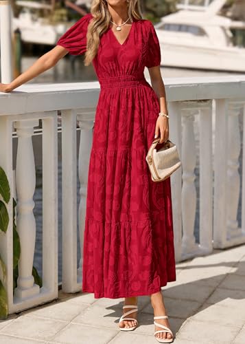 Image of KIRUNDO Summer Dresses for Women 2026 Boho Flowy Casual Short Sleeve V Neck Elastic Waist Floral Long Baby Shower Maxi Dress