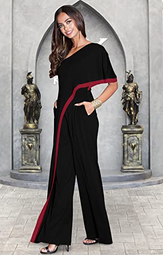Koh Koh Plus Size Womens Short Sleeve Pockets One Off Shoulder Asymmetric Long Pant Pantsuit Romper Bridesmaid Wedding Guest Formal Work Office Jumpsuit Outfit, Black & Red 3Xl 22-24 #TOP1