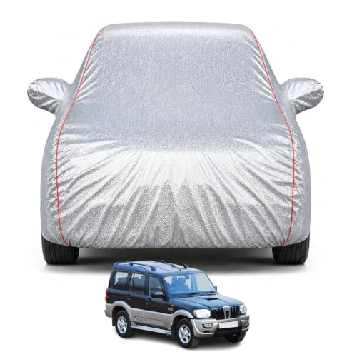 Image of Premium Car Cover for Scorpio (2006-2013) Models | Waterproof, UV & Dust Protection | Mirror & Antenna Pocket | Triple Stitched, Soft Inner Lining, Belt & Buckle (Metalic Silver)