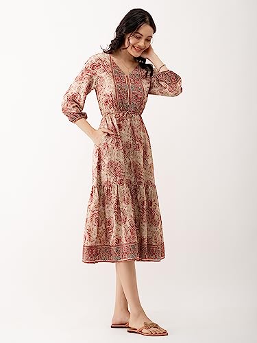 Image of AASK Abstract Printed Puff Sleeve Gathered Detailed Fit Flare Dress