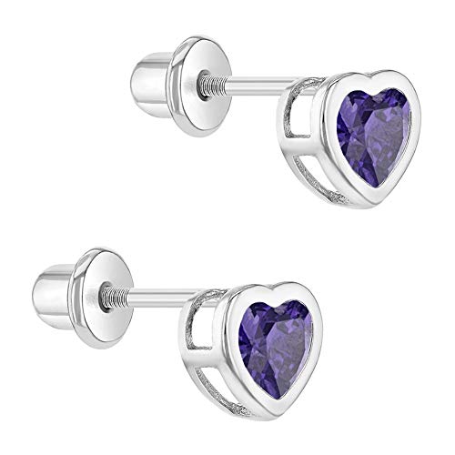 Rhodium Plated February Purple Cz Heart Screw Back Earrings For Girls 7Mm - Charming Simulated Amethyst Birthstone Safety Screw Back Earrings For Infants, Toddlers & Little Girls #TOP1