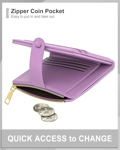 Womens Wallet, RFID Small Slim Wallets for Women, Compact Credit Card Holder, Cute Leather Bifold Ladies Purse with Zipper Coin Pocket and ID Window, Purple 5
