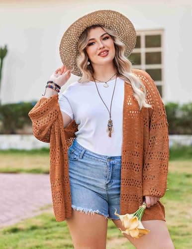 Image of IN'VOLAND Womens Plus Size Crochet Cardigan Lightweight Long Sleeve Open Front Oversized Boho Sweaters Kimonos