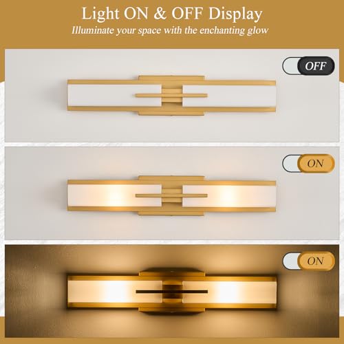 Image of VitaLink Gold Vanity Light, 24 inch Modern Bathroom Wall Light Over Vanity Mirror 2-Light Hardwired Milky White Glass Wall Light for Bedroom Living Room Dining Room Hallway