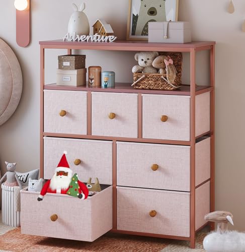 EnHomee Pink Dresser for Bedroom, Dresser for Girls Bedroom with 7 Drawers and 2 Shelves, Pink Dresser with Wooden Top and Metal Frame, Dressers & Chests of Drawers for Girls Bedroom, Closets, Pink