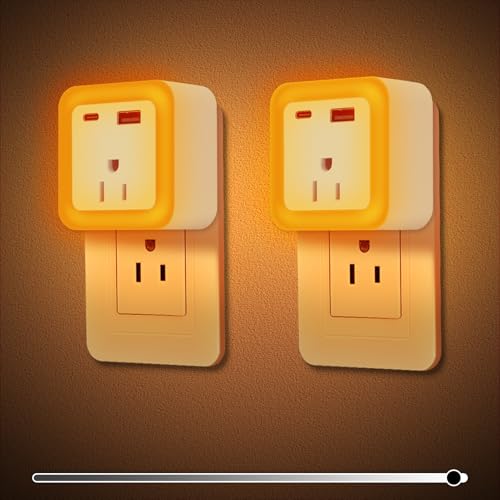 Image of JackonLux Night Lights Plug Into Wall 2 Pack Rechargeable Battery Backup Light Dusk to Dawn Sensor Night Light with Outlet Expander for Adults Kids Bedroom, Kitchen, and Bathroom (2, Amber, 2000K)
