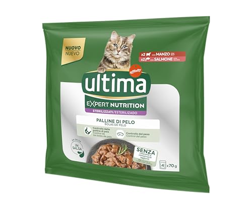 Ultima Expert Nutrition Bolas de Pelo - Comida Húmeda para Gatos Esterilizados - Control de Bolas de Pelo - 4x70g