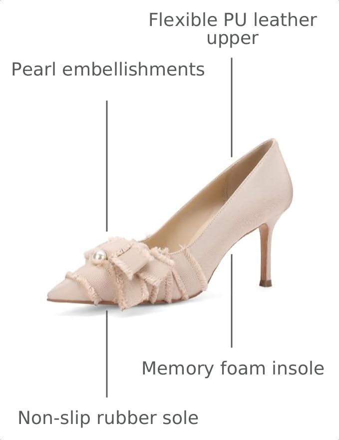 Image of Women's Pointed Toe Heels with Bow Pearl, 3.15 inch Kitten Heels Slip on Stiletto Pumps for Designer Dress Shoes