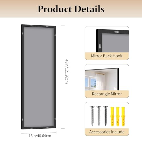 Image of COFENY Black Bathroom Mirror for Wall, 16x48 Inch Rectangle Mirror with Metal Frame, Modern Vanity Mirrors for Bathroom Living Room, Entryway Hangs Horizontal or Vertical