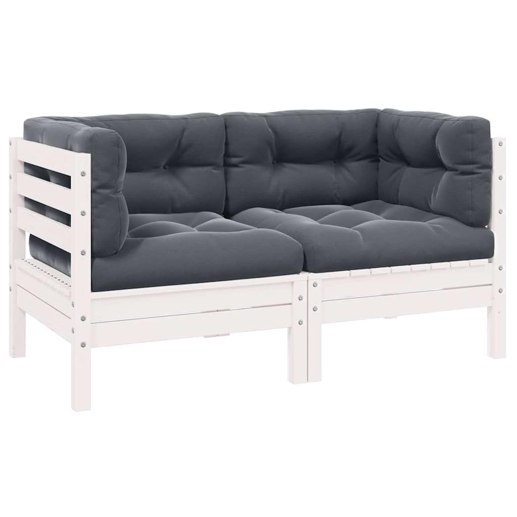 Sofá de jardín de 2 plazas en color blanco de madera maciza de pino con cojines, muebles modulares de terraza para jardín, sofá de exterior resistente y estable con flexible