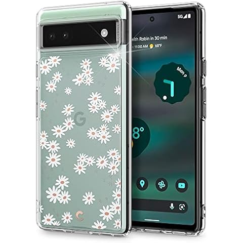 CYRILL by Spigen Cecile Compatible with Pixel 6a (2022), Floral Pattern Clear Hard PC Back with Shockproof TPU Bumper Protective Case for Pixel 6a (2022) - White Daisy Cover
