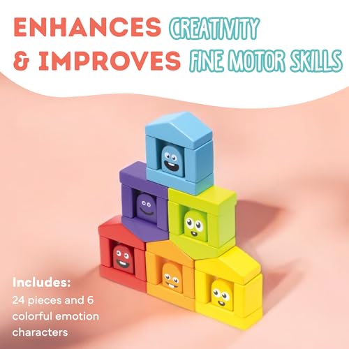 Image of CUBIKA Wooden Construction Set Colorful Houses - 24-Piece Construction Play Set with Emotion Characters for Toddlers 2+- Montessori Toy for Creativity, Cognitive Development, and Emotion Recognition