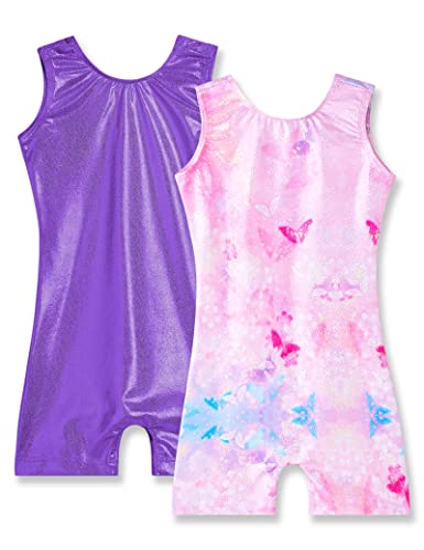 Nymphperi Gymnastics Girls Leotard 2 Packs Size 2t 3t Sparkle Solid Purple Soft Biketards Shiny Sleeveless Pink Butterflies Flowers Pattern Unitards for Children Team Sports