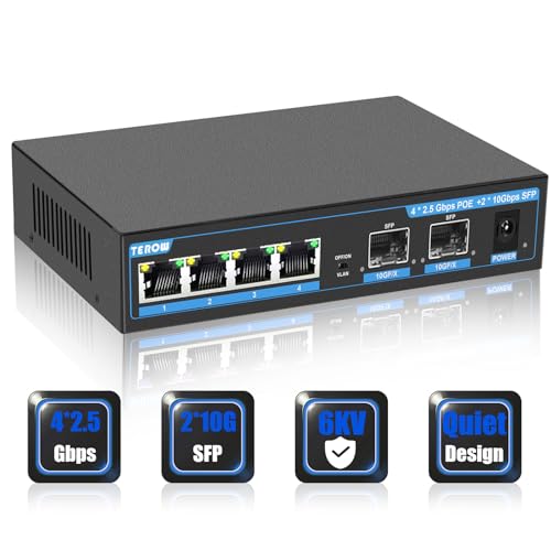 2.5G Poe Ethernet Switch 6 Port unmanaged , 4 x 2.5G Poe Base-T & 2 Port 10G SFP, Multi-Speed Network Switch, Compatible with Gigabit & 10Gb, Desktop/Wall Mount, Ideal for AP, Power Over Switch