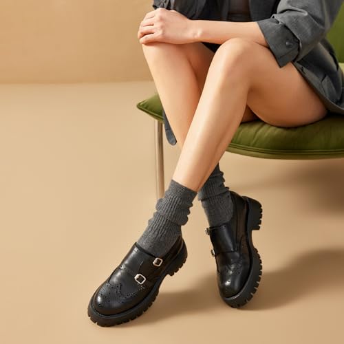 Image of BEAU TODAY Chunky Loafers for Women, Women's Leather Platform Loafers, Lug Sole Tassel Slip On Loafers Shoes Brogues Wingtip Casual Business Shoes Comfortable Dressy