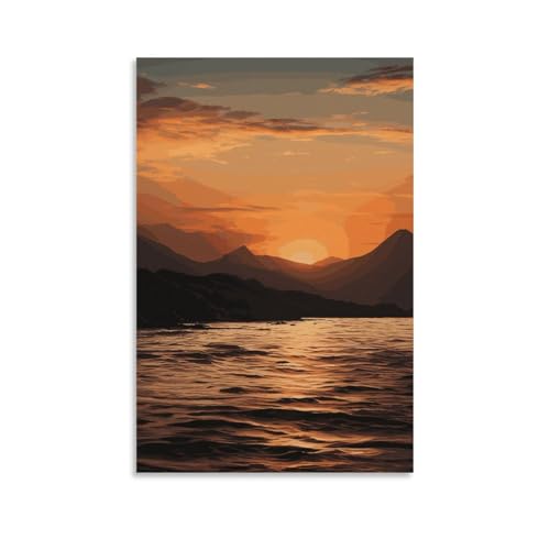 Peinture sur toile montagne au coucher du soleil pour grand salon chaleureux