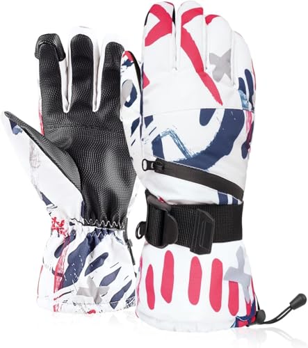 [Atercel]スキーグローブ スノーボードグローブ 手袋防寒 スキー手袋 防寒グローブ 防水 防寒 保温 通気 厚手 滑り止め 撥水加工 5本指タッチパネル対応 冬 登山 雪遊び 除雪 男女兼用（レッドホワイト M）