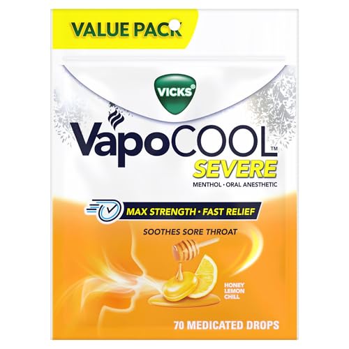 Vicks VapoCOOL Severe Medicated Sore Throat Drops, Fast-Acting Max Strength Relief, Soothes Sore Throat Caused by Cough, Powerful Vapors, Menthol, Honey Lemon Chill, 70 Count - image 1