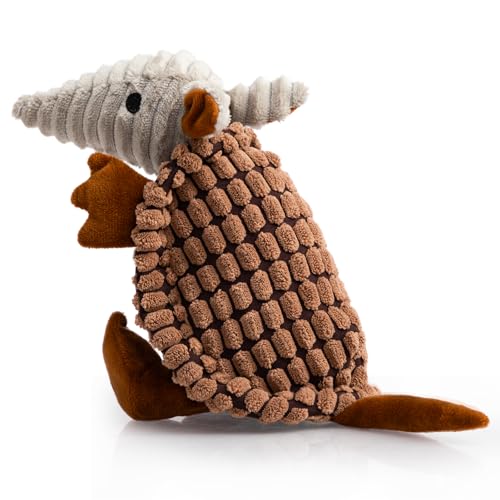 Image of Hollypet Plush Dog Squeaky Toy Stuffed Armadillo Animal Pet Puppy Chew Toys with Clean Teeth for Small Medium Large All Breed Sizes Dogs, Brown, 8 in