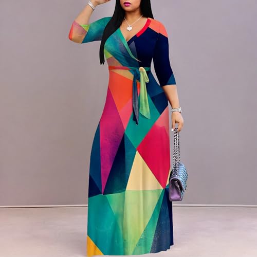 Image of PinkPatty Women's Plus Size Maxi Dresses Casual Flowy 3 /4 Sleeves Dress Printed Vacation Dress for Daily Wear with Belt