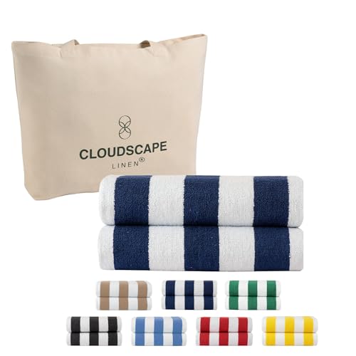 CLOUDSCAPE LINEN Beach Towels Set 2Pcs Cabana Striped Cotton Towel, 76x152 CM Oversized, Pool Towel, Quick Dry, Absorbent, For Beach, Picnic, Fitness, Summer, Gym, Camping - Blue