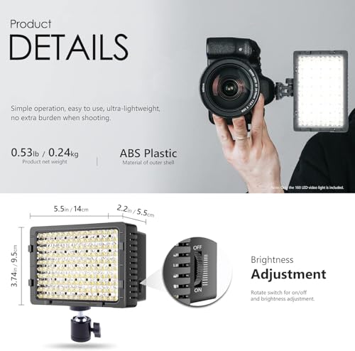 Image of 100W Rechargeable LED Video Light Compatible with Sony Alpha 6700 - 160 LED Panel, Dimmable 5600K-3200K, 900 Lux, Battery & Rapid Charger Included - Lightweight On-Camera Lighting Kit