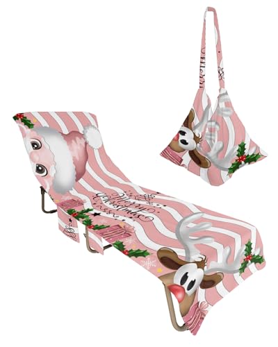 Pink Santa Christmas Beach Lounge Chair Towel Cover, Soft Chaise Lounge Towel with Side Pockets Patio Pool Chairs Cover for Beach/Pool Sunbathing 29x85 Xmas Elk Snowflake Red Moire Geometric