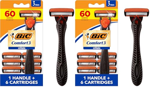 Image of BIC Comfort 3 Refillable Three-Blade Disposable Razor for Men, Sensitive Skin Razor For a Comfortable Shave, 1 Handle and 6 Cartridges, 7 Piece Razor Set (Pack of 2)