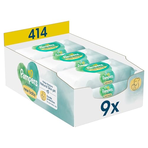 Pampers Harmonie New Baby Lot de 9 paquets de 46 lingettes humides = 414 lingettes humides qui aident à restaurer le pH naturel de la peau